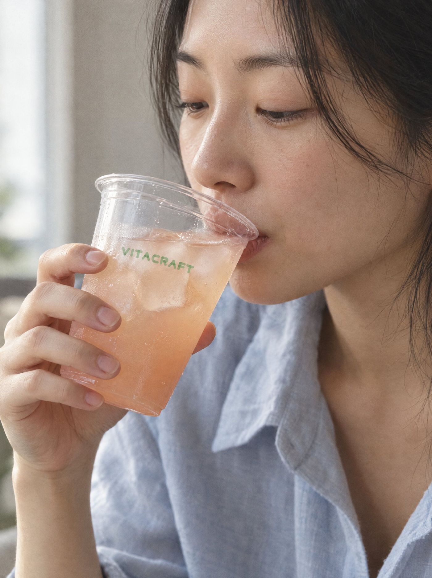 창가에서 복숭아 음료를 컵째 마시는 여성